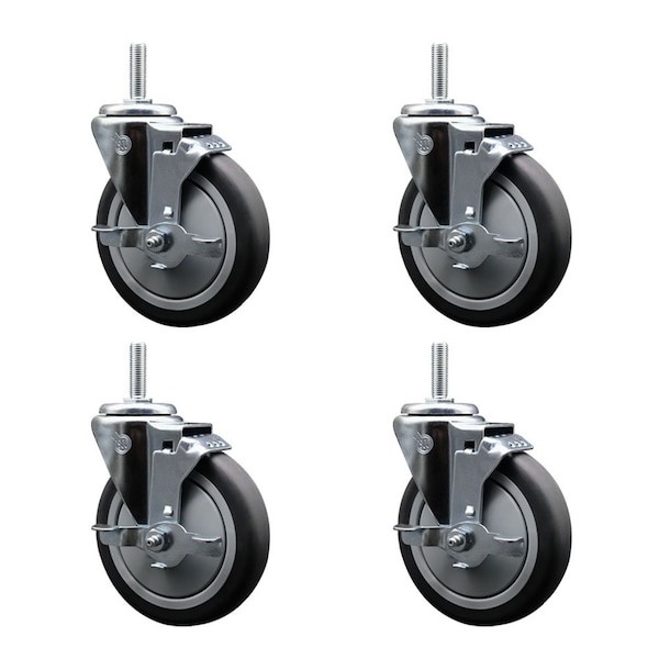 5 Inch Thermoplastic  Rubber Wheel Swivel 34 Inch Threaded Stem Caster Set with Brake SCC